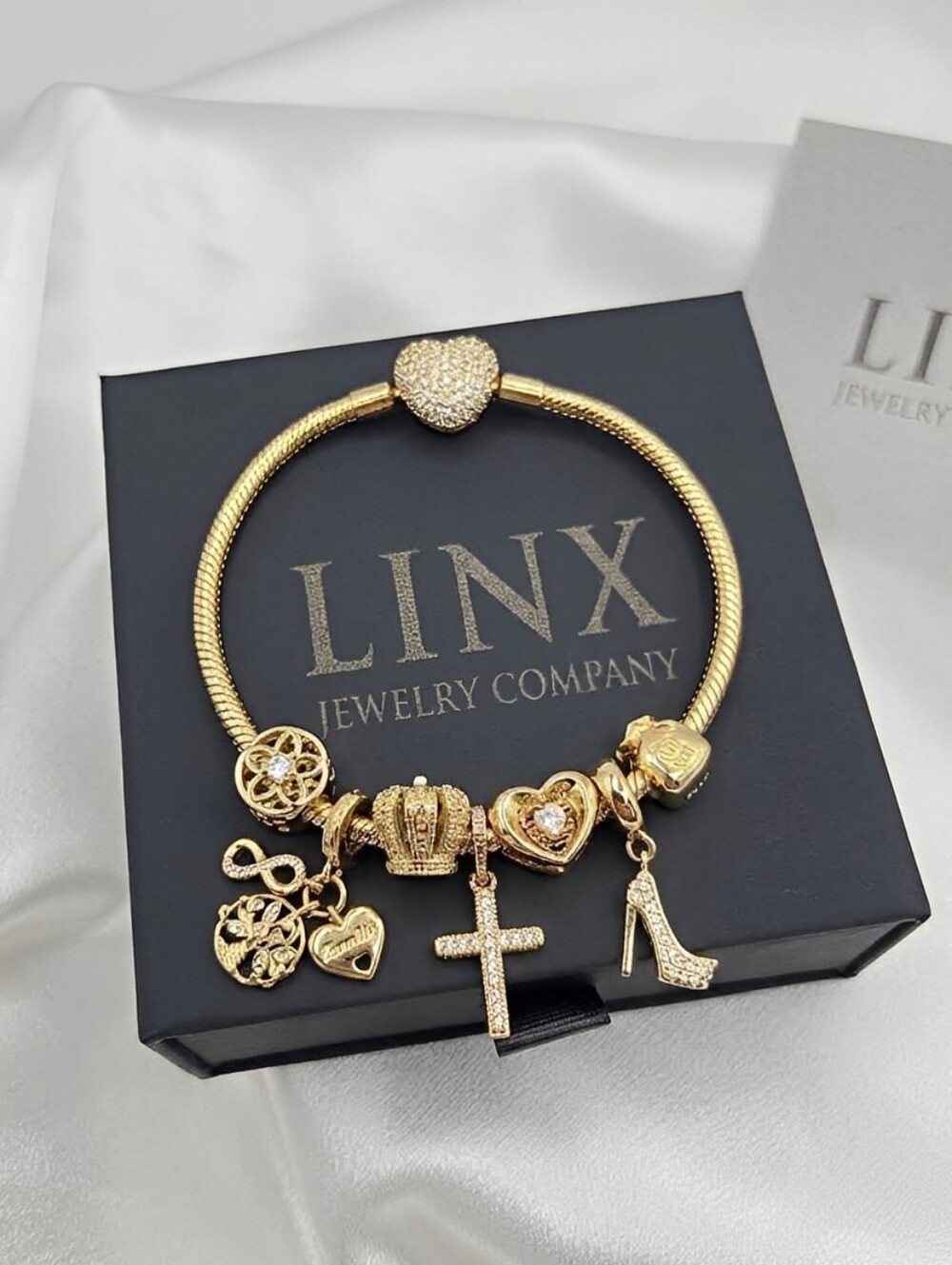 Linx Gold Snake Chain Bracelet With Religious Family & Prosperity Themed Charms